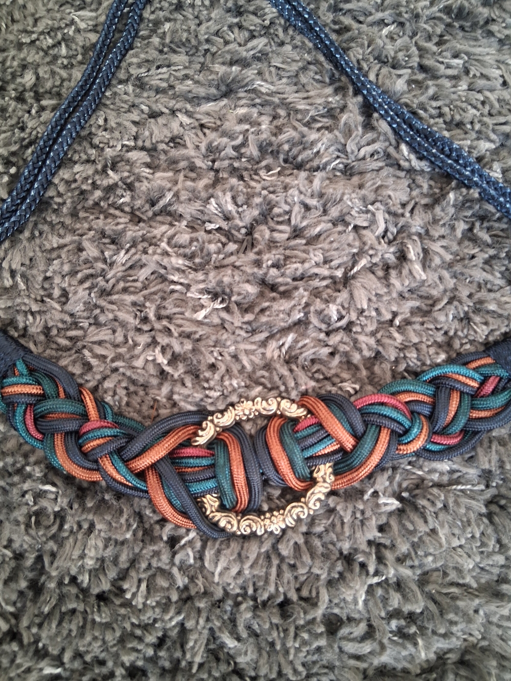 Braided Multi-Color Cord Necklace with Ornate Gold Accent
